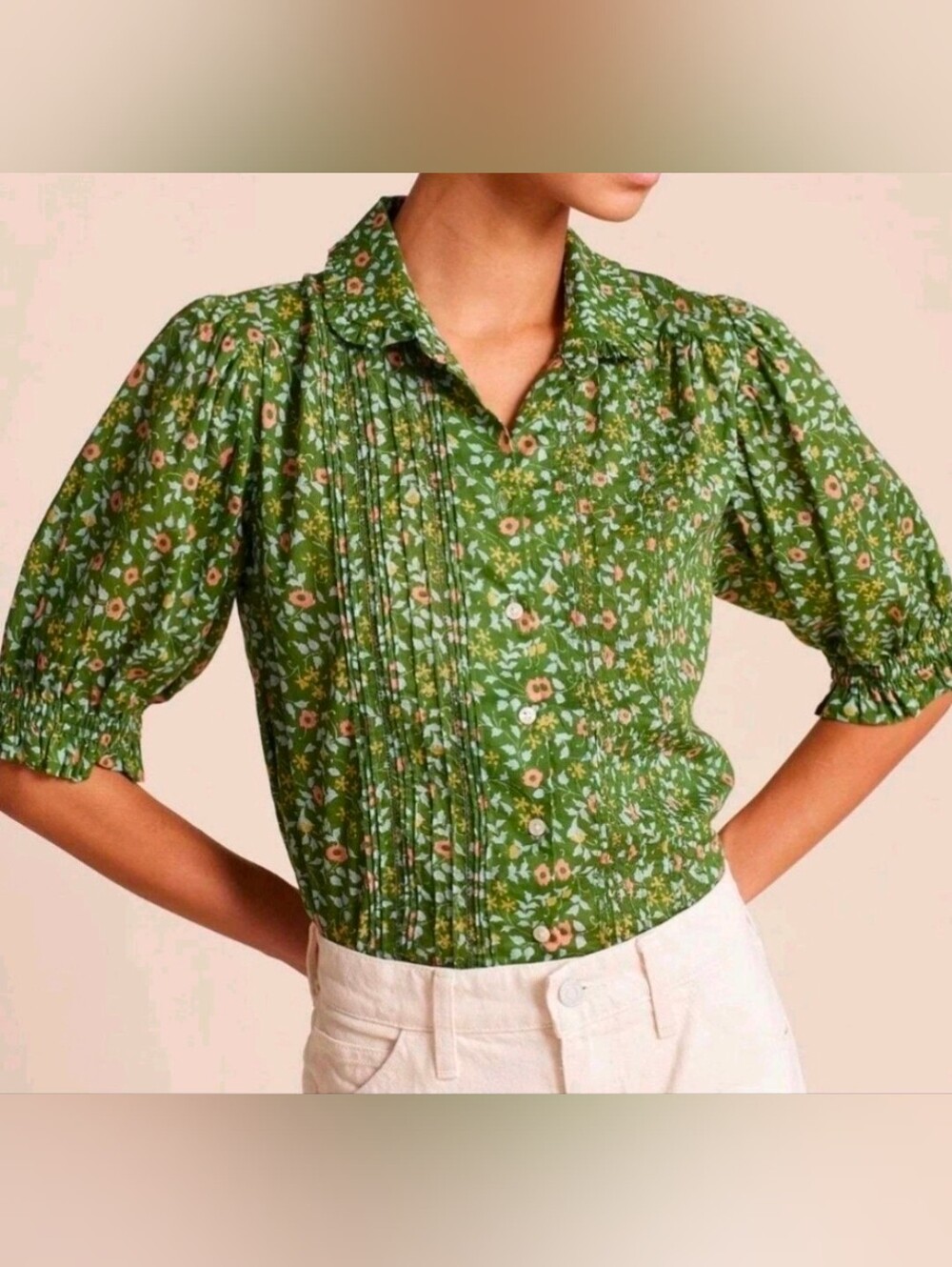Anthropologie Trovata Romantic Green Floral Pintuck Button-Down Blouse Size L